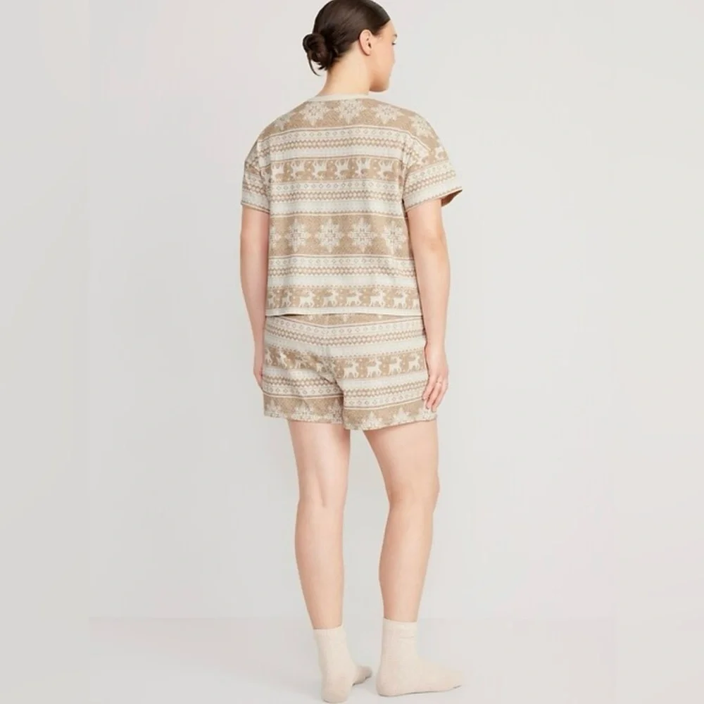 Old Navy Women’s Waffle Knit Pajama‎ Shorts Set Jingle Jammies Tan & White SZ XL